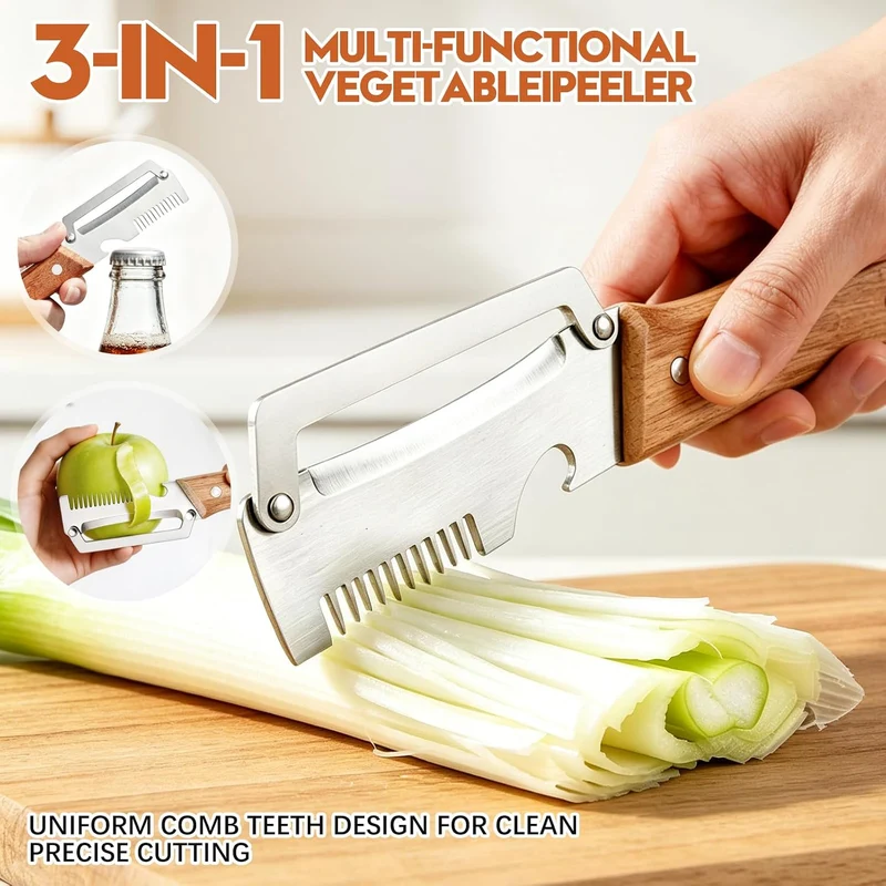 3-in-1 Stainless Steel Peeler Knife with Wooden Handle