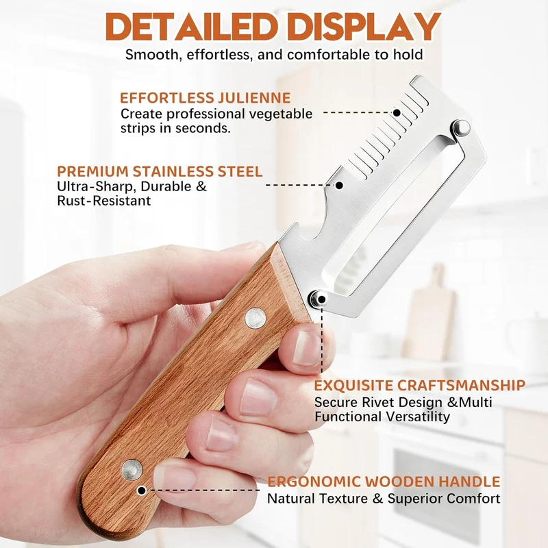 3-in-1 Stainless Steel Peeler Knife with Wooden Handle