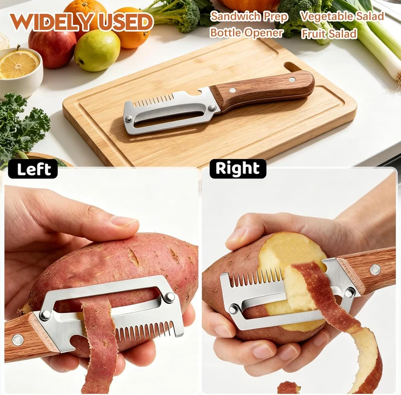 3-in-1 Stainless Steel Peeler Knife with Wooden Handle
